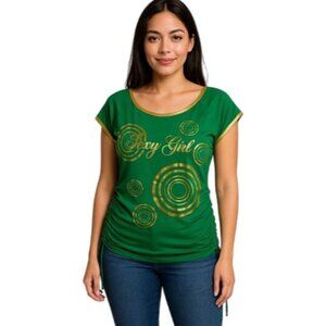 Unbranded Size Large Sexy Girl Top Gold Swirl Design Side Drawstrings Green